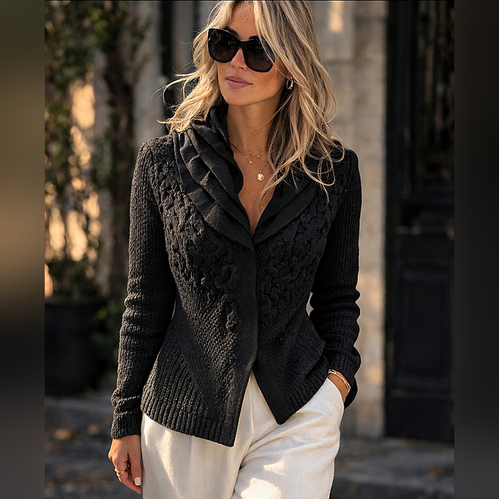 Elie Tahari Black Cable Knit Cardigan Sweater Ruffled Collar Fitted Warm